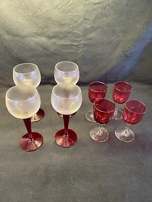 Buy Retro 1960’s / 1970s Set Of 4 Red Cranberry  Stem Wine Goblets & 4 Red Glasses  • 15£