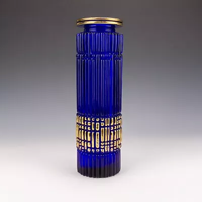Buy Vintage Walther German Glass Vase - Blue & Gilt Ribbed Vase - Mid Century Design • 24.99£