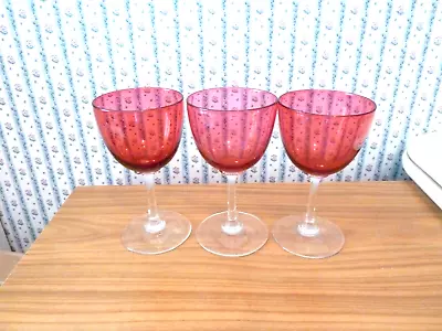 Buy Set 3 Hand Blown  Victorian Cranberry Glass Wine Glasses • 18.99£