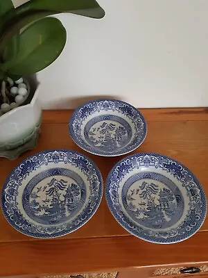 Buy Old Willow Soup/Cereal Bowls Set Of 3 Blue & White English Ironstone Pottery • 12£