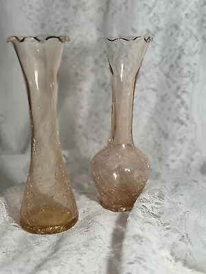 Buy Two Vintage Hand Blown Clear Pink Crackle Glass Tulip Bud Vases • 18.08£