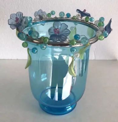 Buy Turquoise Glass Hurricane Candle Holder With Blue, Green Leaves, Flowers & Beads • 5.75£