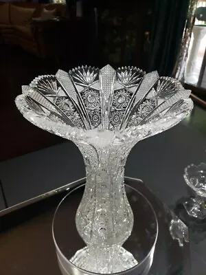 Buy 10  Wide Flared Rim Vase Cut Glass Bohemian Czech 24% Crystal Queen Lace Hobstar • 155.65£