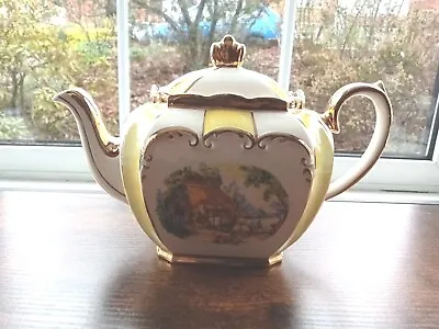 Buy Vintage Sadler Cube Shaped Tea Pot, Yellow Stripe With Country Scene • 55£