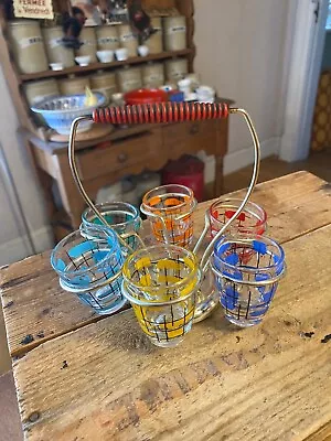 Buy Vintage Set 6 Small Colourful 1950’s Shot / Tot Glasses On Stand – Retro!  - • 14.99£