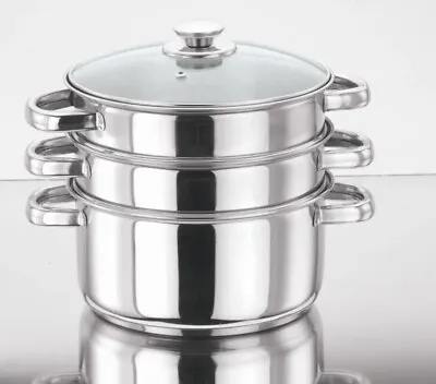 Buy Stainless Steel Steamer Pot With Glass Lid 24 Cm Vegetables Cooking 3 Tier Vinod • 14.99£