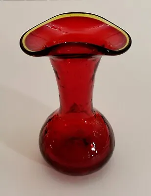 Buy Vintage Ruby Red Crackle Glass Vase 5-1/4 , Curled Rim, 1960s MCM • 13.49£