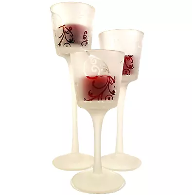 Buy Set 3 Stem Glass Candle Holders And Red Glass Tea Lights Graduated Frosted Swirl • 9.99£