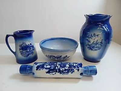 Buy Vintage Ironstone Staffordshire Empress Blue & White Bowl Jug Vase & Rolling Pin • 14.99£