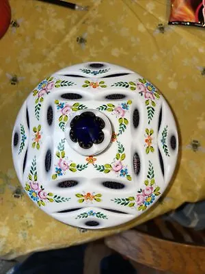 Buy Vintage Bohemian Czech White Cased Glass Cut To Cobalt Blue Covered Candy Bowl • 72.32£