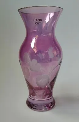 Buy VINTAGE Glass Bud Vase, Cranberry / Pink Hand Cut Etched Floral Design 15cm Tall • 8.50£