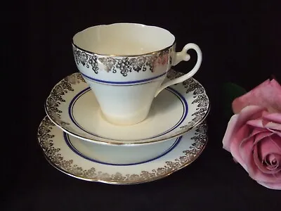 Buy Vintage Mayfair Bone China Teacup, Saucer & Plate Trio White Blue & Gold • 3.50£