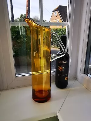 Buy Large Vintage Amber & Clear Handle Art Glass Water Jug/Vase C1960's • 32£