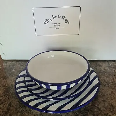 Buy City To Cottage Dark Navy Blue Stripe Ceramic Dinnerware Dining Set For Four • 125£
