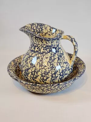 Buy Roseville,  Blue Pitcher Wash Bowl Basin Set Spongeware Pottery 1940s • 40.41£