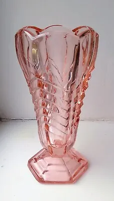 Buy Large Peach Pink Glass Davidson Chevron Vase - Vintage Art Deco 1930s • 19.95£