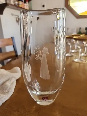 Buy Orrefors Scandinavian Art Glass Vase Engraved Girl Holding Flower Bouquet • 65.20£