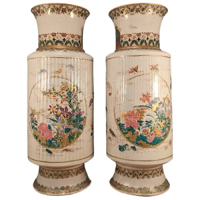 Buy Antique Japanese Makuzu Kozan Ceramic Pottery Satsuma Style Pair Vases Insects • 1,185.43£