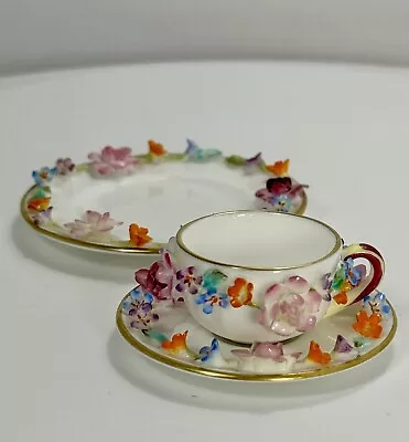 Buy Rare Coalport Flower Encrusted Miniature Teacup, Saucer, Plate Mint Condition • 118.58£