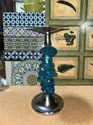 Buy Aqua Blue Flash Glass Stacked Beads Pillar Candle Holder Silver Metal ~ India • 21.13£
