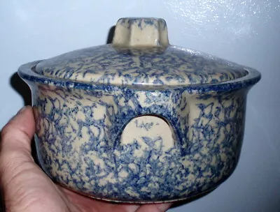 Buy Roseville Ohio Rrp Antique Pottery Blue Sponge Crock Bowl Lid Pot Stoneware • 24.09£