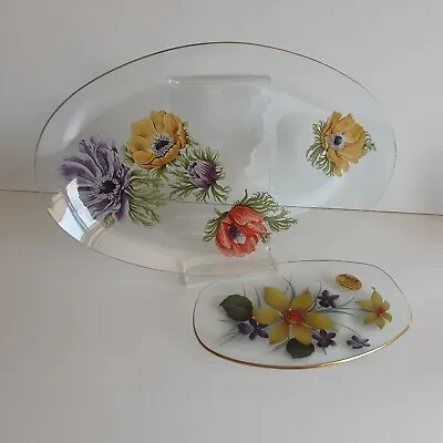 Buy Set Of 2 Vintage Anemone Chance Glass Gold Rimmed Floral Oval Plates (800g) • 9.48£