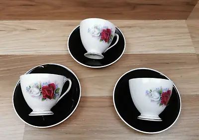 Buy 3 X Vintage Queen Anne Bone China Rose Pattern Coffee Cups Saucers • 10.99£