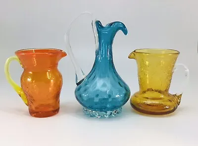 Buy Vintage Hand Blown Crackle Glass Mini Pitchers Creamers Vases Lot Of 3 MCM • 24.09£