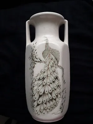 Buy Vintage Kingston Pottery Peacock Print  Cream Vase With Handles • 7.50£
