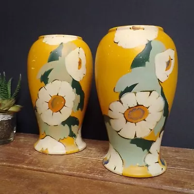 Buy Art Deco Pair Vases Hand Painted Yellow Flower Brentleigh Ware Melba Vintage 7  • 40£