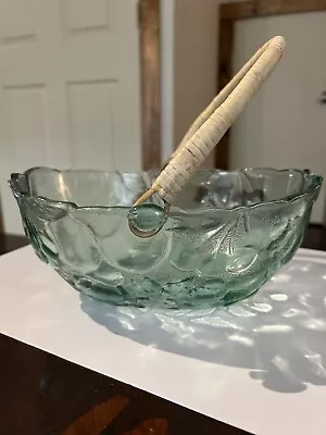 Buy Large Vintage Libby Green  Glass Fruit Bowl With Wicker Handle • 9.60£