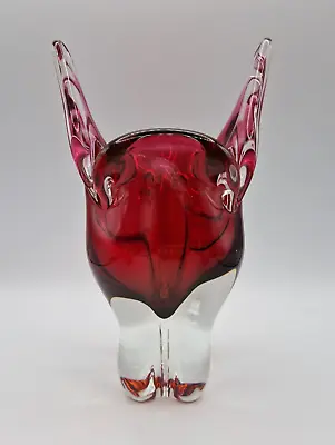 Buy Vintage MCM Cat Head Vase Cranberry Art Glass JOSEF HOSPODKA Czech Bohemian Gift • 39.99£