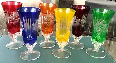 Buy Set Of Six Vintage Bohemian Cut Coloured Fluted Crystal Liqueur Glasses, Germany • 99.99£