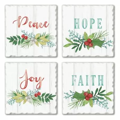 Buy Winter Greenery Joy Faith Peace Christmas Tumbled Tile Stoneware Coasters Set 4 • 15.36£