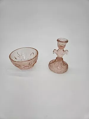 Buy Vtg Single Pink Depression Glass  Candle Holder And Bowl • 14.99£