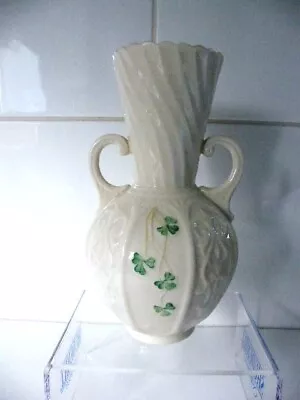 Buy Belleek Shamrock Vase 8  Cream With Green Mark Fluted Top Double Handles Lovely • 12£