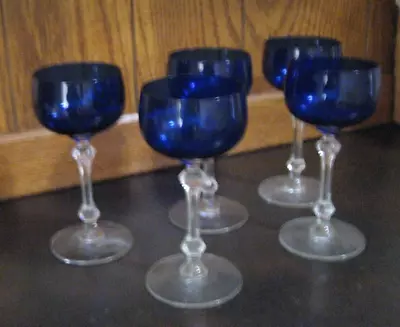 Buy Set Of 5 Vintage Cobalt Blue Stemmed Glasses (for Wine, Etc) Gd Cond • 13.90£