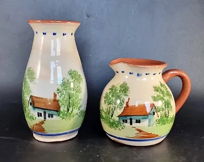 Buy Pair Of Hand Painted Pottery Cottage Design Jug And Vase • 16.72£