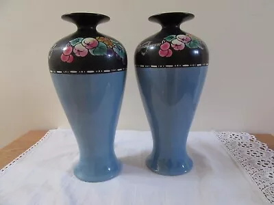 Buy Matching Pair Shelley Vases, Black & Teal Blue, Fruit And Bow Decoration • 25£