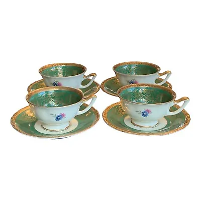 Buy Set Of 4 Thomas Ivory Bavaria Demitasse Cups & Saucers Green W/Flowers Germany • 57.62£