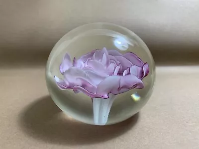 Buy Paperweight Flower Rose Peony Pink Hand Blown Round Clear Glass 10 Inch Diameter • 14.99£