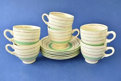 Buy Royal Staffordshire Clarice Cliff Green & Gold Toned Striped Cups & Saucers • 69.99£