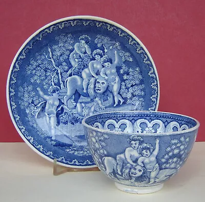 Buy Smith Pearlware Teabowl & Saucer Blue Printed Cherubs #1 C1840 • 35£