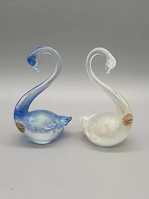 Buy A Pair Of Glass SWAN Sculpture Blue & White Iridescent By HERON GLASS 1990s • 22£