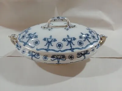 Buy Stanley Semi-Porcelain Pottery Terrine With Lid Blue White Gold Flowers #PO107 • 19.95£