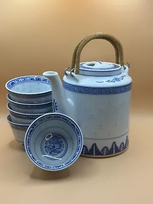 Buy Vintage Tea Set Porcelain Chinese Teapot And 5 Cups Rice Eyes Blue White • 32.13£