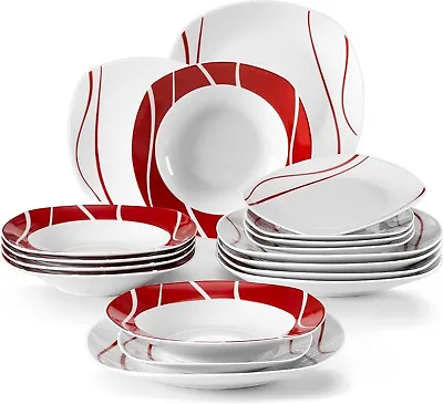 Buy 18pc Dinner Set Complete Dinnerware Porcelain Crockery Service For 6 White/Red • 74.99£