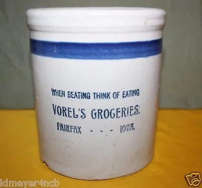 Buy Old Vorel's Groceries Stoneware Advertising Beater Jar Fairfax.  Iowa  • 183.37£