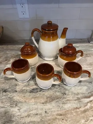 Buy MCM Vintage 1970 Tricolor Glaze Stoneware Ceramic Pottery Coffee/Tea 9 Piece Set • 28.41£