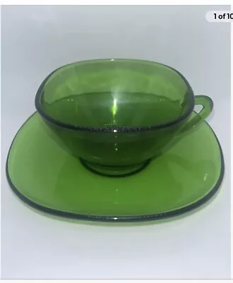 Buy Vintage French Vereco 1960s Geometric Green Glass Tea Cup & Saucer New Boxed X 6 • 29.99£